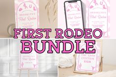 the first rodeo bundle is displayed in pink and white, along with an easel