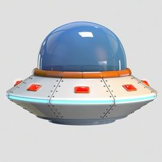 a blue and white space ship floating in the air with red lights on it's side