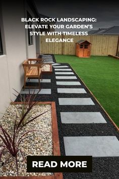 Modern garden with a sleek stone path, decorative rocks, and a small wooden shed in the background. Black Rock Landscaping, Front Yard Design Ideas, Garden Home Ideas, Yard Design Ideas, Yard Landscape Ideas, Rock Flower Beds, Garden Front Yard, Front Yard Landscape, Variety Of Flowers