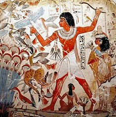 an egyptian painting with birds and people