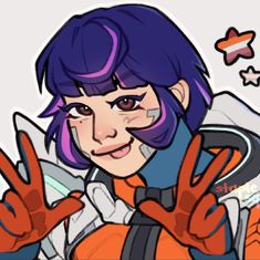 a drawing of a woman with purple hair and orange gloves holding up two fingers in front of her face