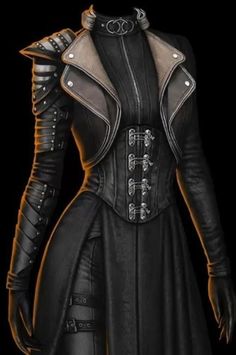 Leather Fantasy Outfit, Luxury Black Costumes For Larp, Fitted Fantasy Outerwear For Cosplay, Leather Jacket Fantasy Outfit, Fitted Black Fantasy Outerwear, Armor Dress, Warrior Outfit, Fair Outfits