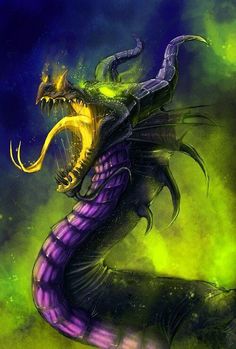 a purple and yellow dragon with its mouth open