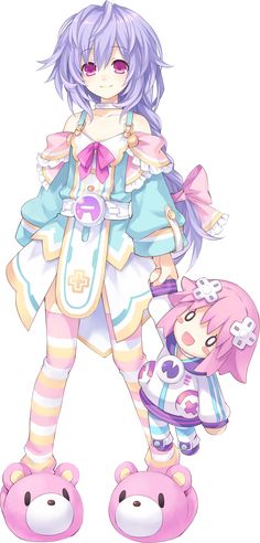 an anime character is standing next to a stuffed animal and holding onto the arm of another character