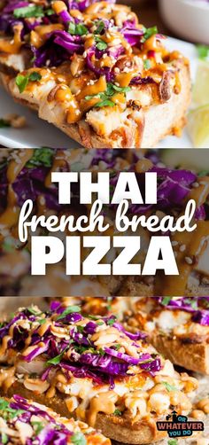 thai bread pizza on a plate with purple cabbage