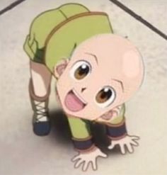 an animated image of a baby with big eyes and hands on the ground in front of him