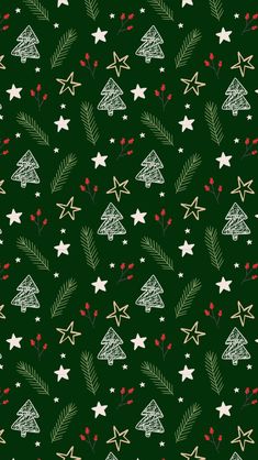 a green background with white stars and evergreen branches