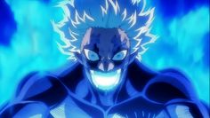 an anime character with white hair and blue eyes looking at the camera in front of clouds