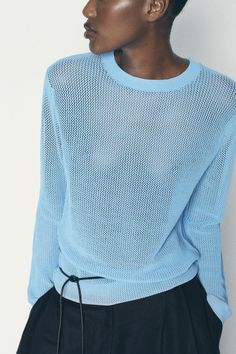 MESH KNIT SWEATER - Blue | ZARA United States Light Blue Pointelle Knit Sweater For Winter, Chic Textured Knit Long Sleeve Top, Chic Long Sleeve Textured Knit Top, Fall Open Knit Long Sleeve Tops, Stretch Open Knit Sweater For Layering, Fine Knit Long Sleeve Top For Spring, Long Sleeve Open Knit Top, Stretch Open Knit Sweater For Fall, Spring Pointelle Knit Long Sleeve Tops