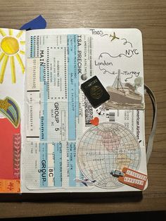 an open passport book with travel stamps and other things on it, including a passport