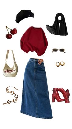 Maxi Denim Skirt Outfit Ideas, Maxi Denim Skirt Outfit, Plus Size Aesthetic Outfits, Campus Outfit, Modesty Outfits, Denim Skirt Outfits, Hijabi Style, Hijabi Outfits, Outfit Combinations