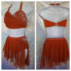 two pictures of a woman wearing an orange belly dance skirt and top with sequins