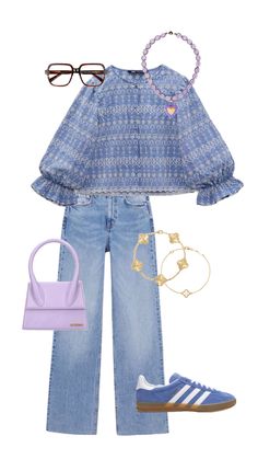 a blue top and jeans outfit with accessories