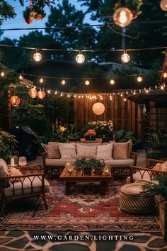 a close up of a patio with a couch and chairs and lights Fairy Lights Party Decoration Outdoor, String Light Ideas, Chic Balcony, Backyard Engagement, Fairy Lights Garden, String Lighting, Backyard Garden Landscape, Patio String Lights, Light Ideas