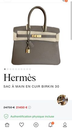 a grey and white purse with gold hardwares on the handles, sitting in front of an instagram page