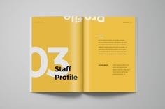 a yellow brochure with the word staff profile printed on it's side