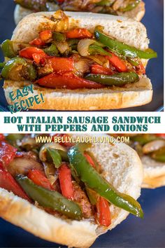 hot italian sausage sandwich with peppers and onions in buns on blue plate, side by side