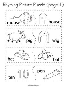 the rhyming picture puzzle page for children to learn how to write and draw