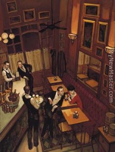 a painting of people sitting at tables in a restaurant