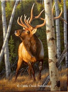 a painting of an elk in the woods