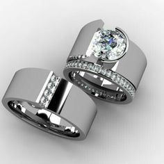 two wedding rings with diamonds on them