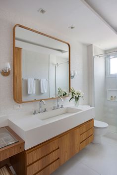 a bathroom with a sink, mirror and toilet in it's own area next to a walk - in shower