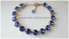 This bracelet is available in all 12 Birthstone Crystals. The crystal color in the photos is "Sapphire". Choose your crystal color and setting finish color at checkout. The birthstone color chart is located in the 3rd photo setting colors is in the 4th photo. I designed this glamorous bracelet featuring sparkling round 8mm crystals.  I have hand set each of the 14 crystals in a rose gold setting. T he bracelet is completed with a silver lobster clasp, and 1" extender chain with a dangle charm. This bracelet will fit a wrist size of 6" to 7 3/4". The bracelet will arrive in a beautiful bow tied gift box. ** To view more items in my shop, please click below ** http://www.etsy.com/shop/Uniquebeadables Don't forget to "LIKE" Uniquebeadables on FACEBOOK to make sure that your receive all my cur Mother Of The Groom Jewelry, Groom Jewelry, Bridal Bracelets, Rose Gold Bridal Jewelry, Birthstone Crystals, Bracelet Emerald, Jewelry Emerald, Peridot Bracelet, Princess Jewelry