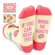 two socks with donuts on them and the words if you can read this