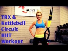 a woman in a blue sports bra holding a yellow and black exercise rope with the words trx & kettlebell circuit hit workout