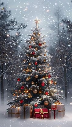 a christmas tree with presents under it in the snow, surrounded by trees and falling snow