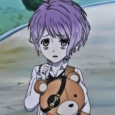 an anime character with purple hair holding a brown teddy bear in his hand and looking at the camera