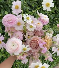 a bouquet of pink and white flowers being held up by someone's hand in front of some bushes