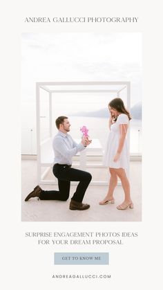 a man kneeling down next to a woman with a flower in her hand and the caption reads, surprise engagement photos ideas for your dream photographer