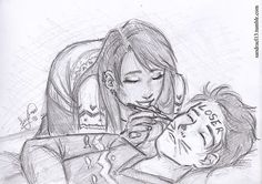 a pencil drawing of a woman laying on top of a bed next to a man