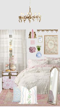 a bed room with a neatly made bed next to a window and a chandelier