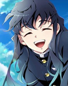 an anime character with long black hair and blue eyes is making a funny face while looking at the camera