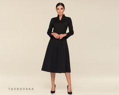 Cocktail Long Sleeve Black Women's Dress, Fit and Flare High Neck Work Dress Stand Collar Black Dresses for Women Structured Dress TAVROVSKA - Etsy Black Victorian Dress, High Neck Long Dress, Black Wedding Guest Dresses, Stand Collar Dress, Black Women Dress, Black Collared Dress, Natural Linen Dress, Maxi Dress Winter, Structured Dress