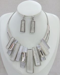 Icy Gray Rectangles on Silver Chain with Clear Rectangular Rhinestones Icy Gray Rectangular Drop Stud Earrings 2.5 Inch Extender Chain Necklace Set, Silver Chain, Stud Earrings, Collar, Chain, Grey, Silver