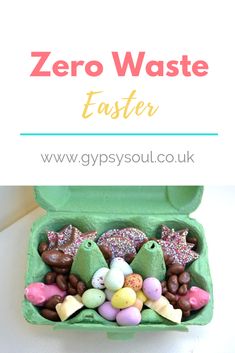 an open green box filled with chocolate eggs and candies, next to the words zero waste easter