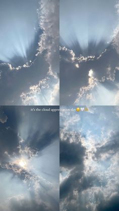 the sky is filled with clouds and sunbeams in four different pictures, one showing bright