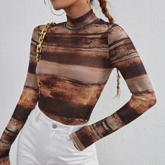 Long Sleeved Mesh Material Slightly Sheer Cropped High Stretch Material Classy Tops, Outfit Festival, Brown Crop Top, Fishnet Top, Crop Top Outfits, Mock Neck Top, Shein Tops, Mesh Material, Festival Outfits