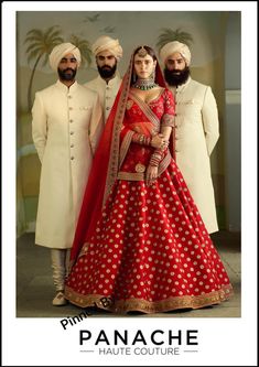 three men in turbans standing next to each other wearing red and white outfits