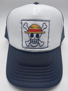 One Piece Jolly Roger (Strawhat Luffy) : 100% Hand Embroidered Patch sewn into a White/Black Trucker hat. Casual Trucker Hat With Embroidered Short Brim, Casual Embroidered Trucker Hat With Short Brim, White Embroidered Patch Hat, Casual Embroidered One-size Hats, Casual Embroidered Flat Brim Trucker Hat, Strawhat Jolly Roger, Strawhat Luffy, One Piece Jolly Roger, Black Trucker Hat