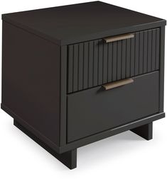 a black night stand with two drawers on one side and an open drawer on the other