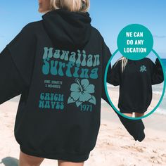 "Hawaiian Surf Sweatshirt. Lightweight, fine gauge crewneck sweatshirts for women are perfect for layering. This is a must-have for any season.  Trending sweatshirt: https://etsy.me/3iSkkmg Trendy shirts: https://etsy.me/3MywvSr Vacation shirts: https://etsy.me/3BcsHPQ 🌻 Please read the full description:   This hoodie/sweatshirt sizing is NOT oversized.  You need to order at least 1-2 sizes larger for the extra baggy look in this photo.  (The normal sizing is UNISEX.) 🔔 Example: if you use size S choose between a size L or XL.  💡 HOW TO PLACE YOUR ORDER: 1. Please Check and Review all the Photos 2. Select your Shirt Color and Size from drop down menu 3. Choose your Quantity as much as you want 4. Click \"Add To Cart\". You can go back to add more of your favorite items 5. Click \"Procee Vsco Crew Neck Sweatshirt For Streetwear, Sporty Oversized Sweatshirt With Back Print, Oversized Sporty Sweatshirt With Back Print, Casual Oversized Sweatshirt With Back Print, Relaxed Fit Hoodie With Back Print And Crew Neck, Relaxed Fit Hoodie Sweatshirt With Back Print, Relaxed Fit Long Sleeve Vsco Sweatshirt, Casual Surfing Hoodie Sweatshirt, Vsco Streetwear Crew Neck Sweatshirt