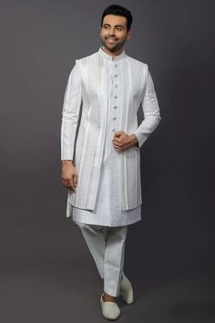 Off White Silk Fabric Wedding Wear Trendy Readymade Indo Western For M Sherwani Kurta For Men, Jacket Sherwani For Men, Mens Outfit For Wedding Function, White Sherwani Indian Groom, Sadri Kurta For Men, Indo Western Kurta For Men, Sherwani For Men Wedding Indian Groom, White Kurta Men, Indowestern Outfits For Men