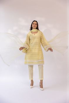 Featuring a butter yellow kurta set in cotton schiffli base detailed with laces. It is paired with matching pants and solid dupatta. Color: BUTTER YELLOW FABRIC: COTTON SCHIFFLI Delivery time 15 to 20 days Yellow Long Sleeve Anarkali Set For Spring, Yellow Anarkali Set For Spring, Pista Green Cotton Dupatta For Spring, Spring Cotton Anarkali Set In Pista Green, Spring Cotton Churidar With Dupatta, Yellow Mulmul Sets With Dupatta, Yellow Cotton Sets With Sheer Dupatta, Yellow Mulmul Set With Dupatta, Spring Pista Green Cotton Anarkali Set