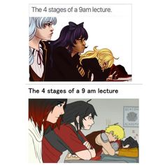 the four stages of an anime story are shown in two separate pictures, each with different characters