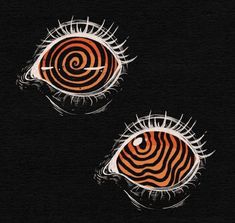 two orange and white fish on black background with swirly lines in the eye area