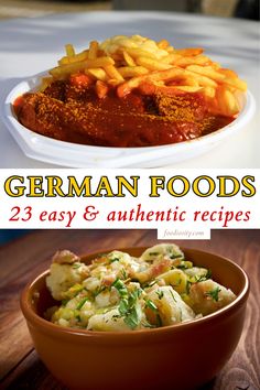 the cover of german foods is shown with french fries and potatoes in a brown bowl